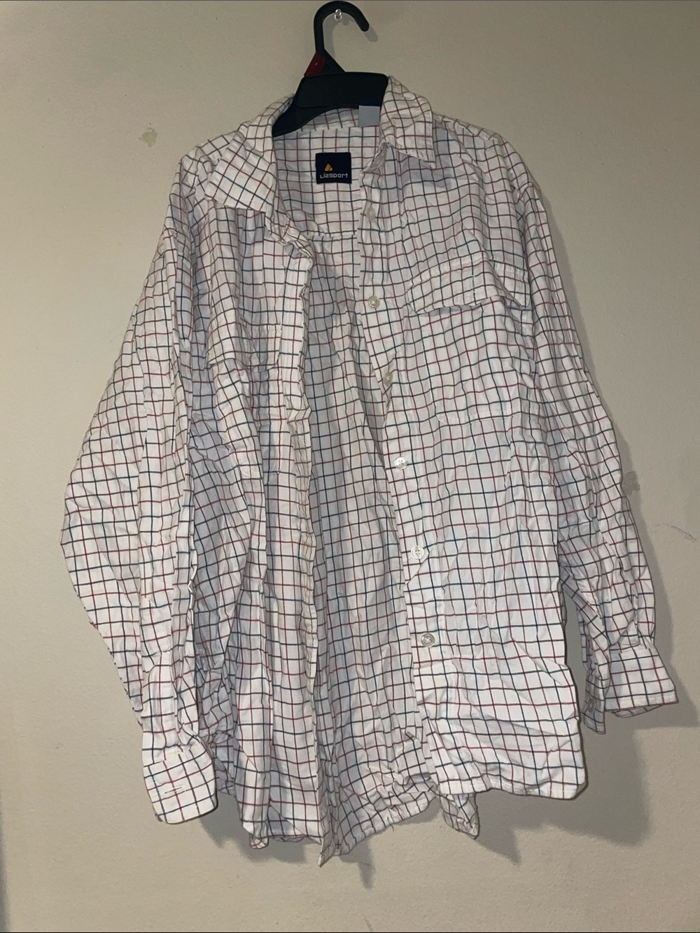 Lizsport Vintage White Grid Button-Up Shirt with Red & Navy Checks Size M